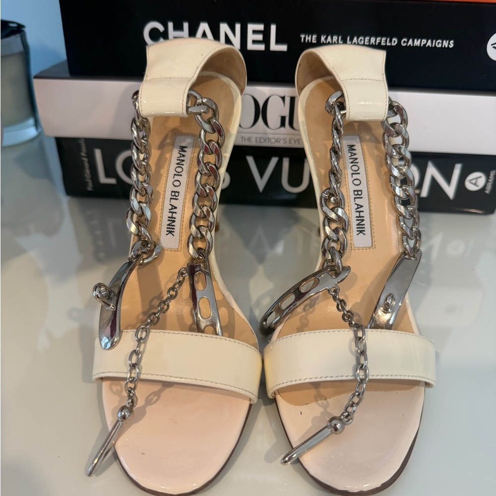 Manolo Blahnik Cream Sandals with Silver Chains